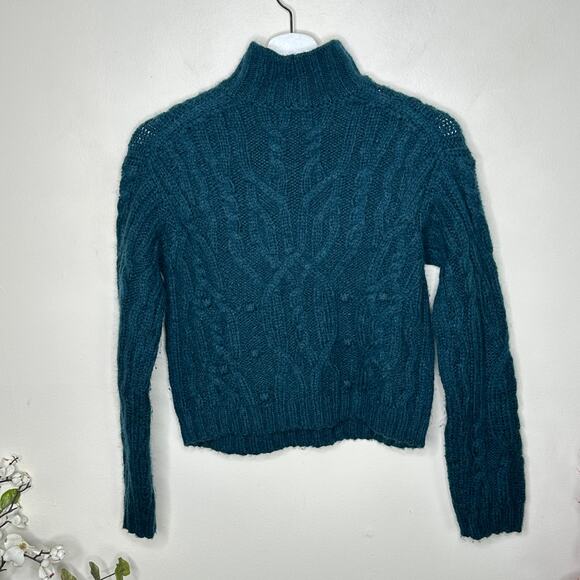 VINCE Interlaced Cable Knit Turtleneck Sweater Alpaca Dark Malachite Teal {R48} - Picture 3 of 6